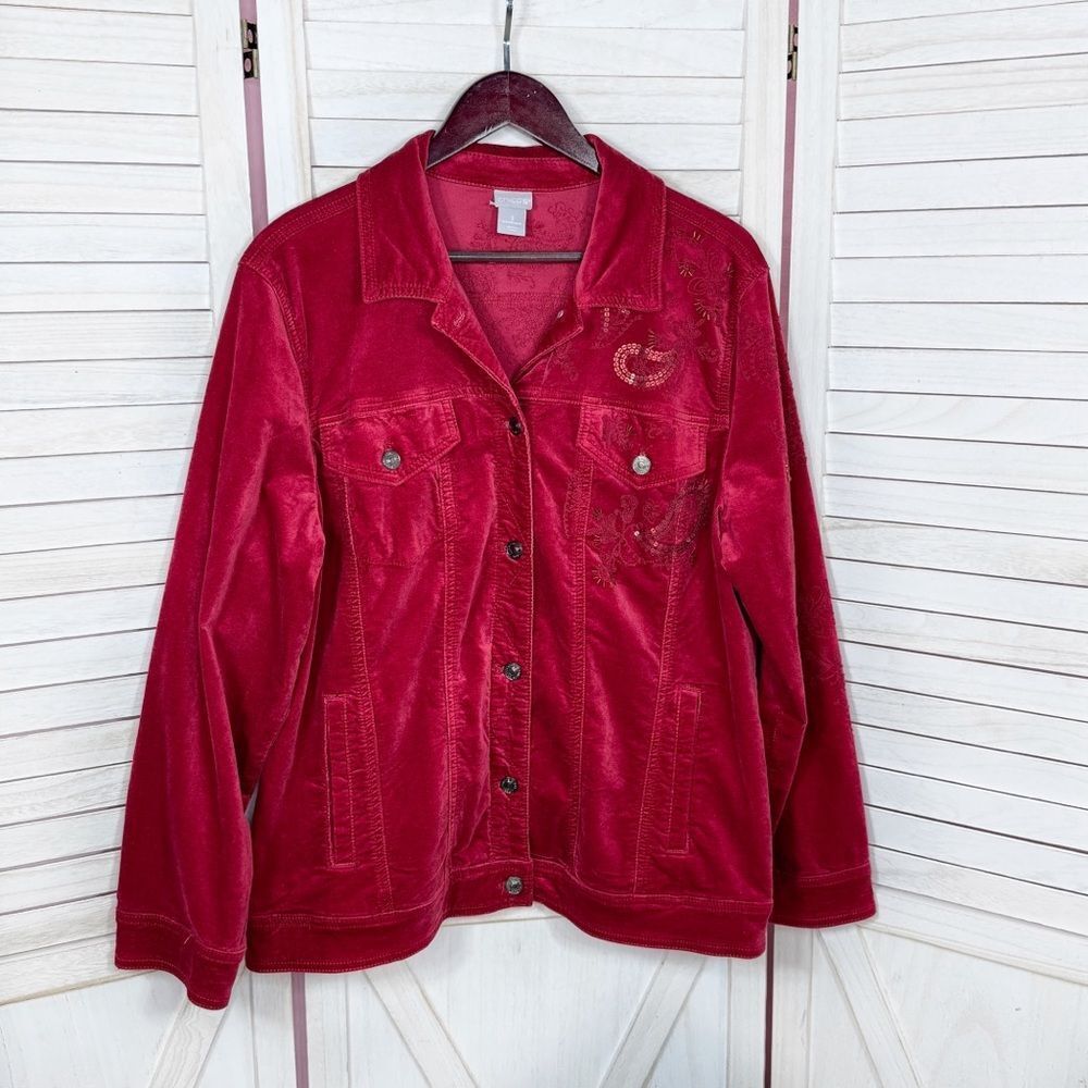 Chicos Boho Jacket Women XL 3 Red Velour Paisley Embroidered Beaded‎ Trucker - Picture 9 of 14